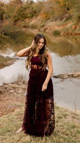 Burgundy Lace Evening Formal Prom Gown, Long Party Dress, AST1537